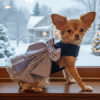 Holiday Dog Harness Dress - Black Velvet with Gray Snowflake Skirt